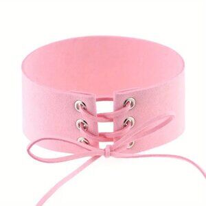 Leather Choker Collar Pink Necklace Bondage Punk Goth Rave Role Play Fetish Tie